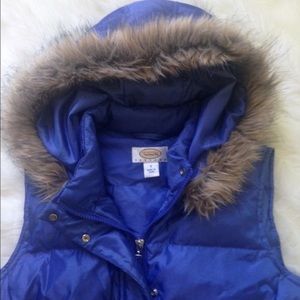 Blue puffer vest with faux fur hood